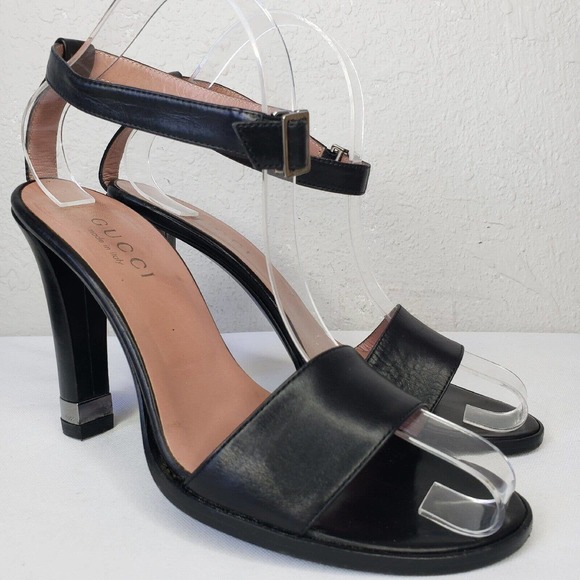 GUCCI Size 7.5 Black Leather Ankle Strap Heel Logo Plate Open Toe Sandals Shoes - Picture 13 of 13